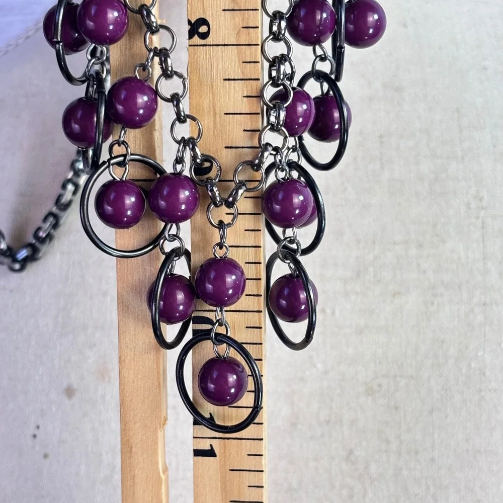 Goth Grunge Vintage Bib Necklace Set Purple Gunmetal Metal Beads Witchy Alt
